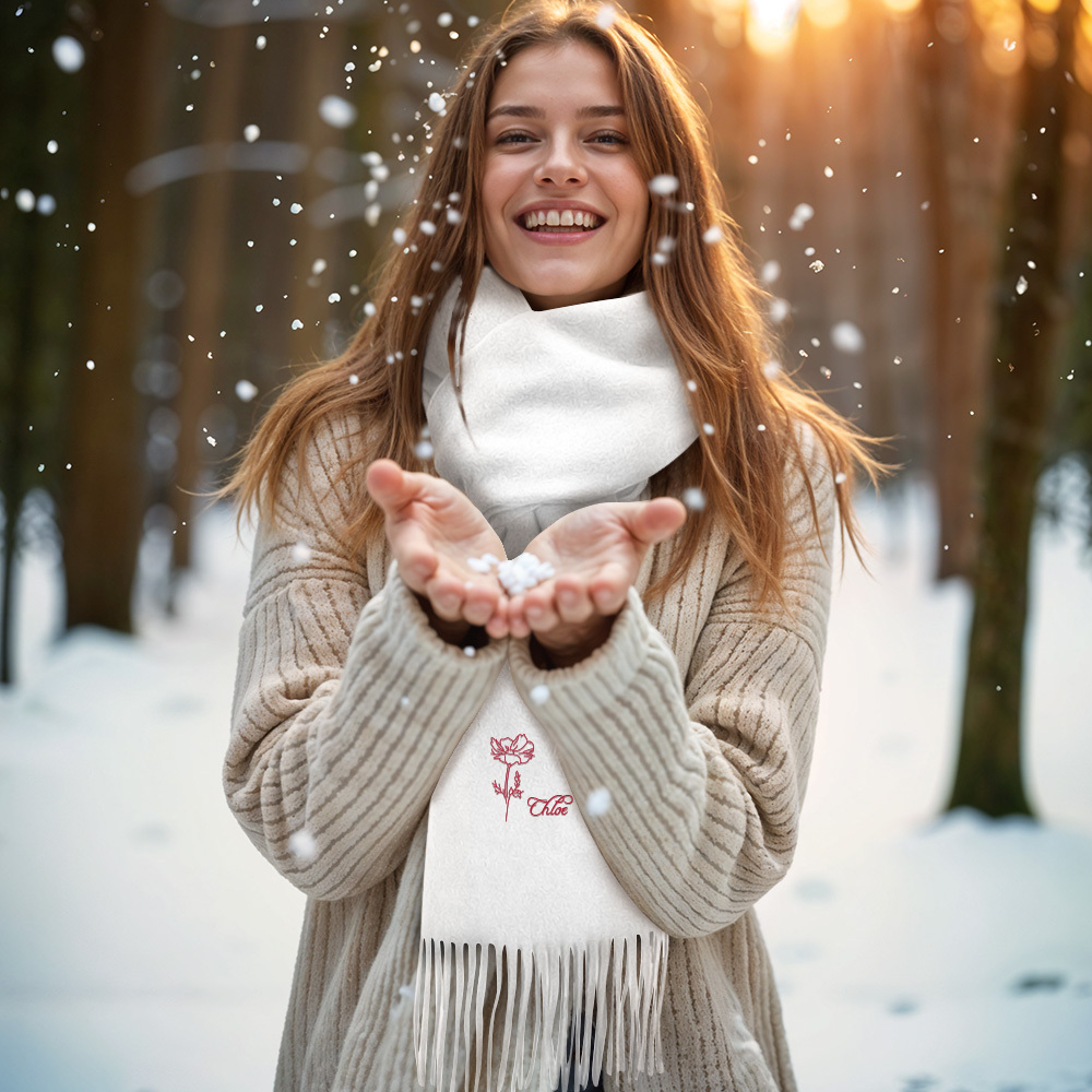 Custom Super Soft Warm Scarf with Embroidered Birth Flower and Text Personalized Fashion Christmas Gift for Couple Family	