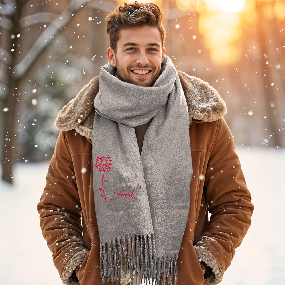 Custom Super Soft Warm Scarf with Embroidered Birth Flower and Text Personalized Fashion Christmas Gift for Couple Family	