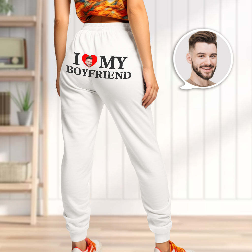 Custom Face Sweatpants Personalized I Love My Boyfriend/Girlfriend Printed Fleece Sweatpants Valentine's Day Gift for Couple - MyFaceSocks