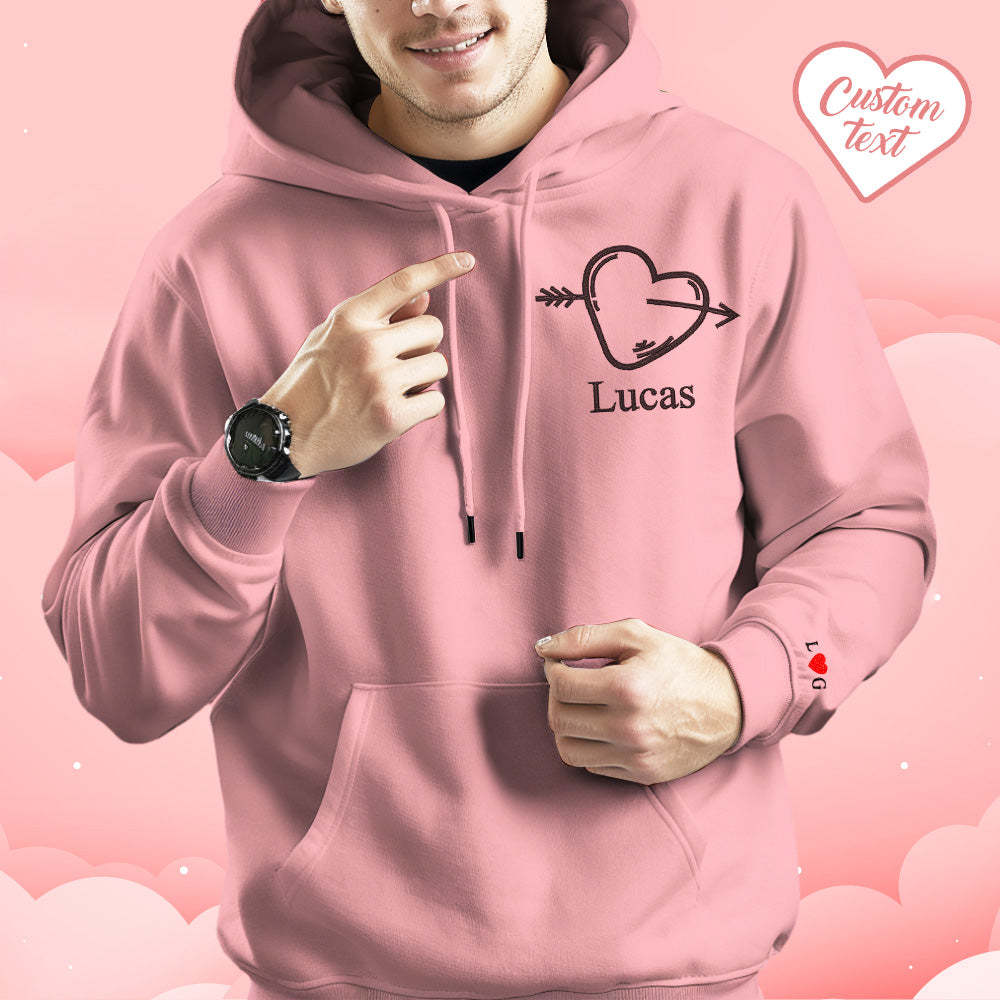Custom Text Embroidered Hoodie Stylish Heart Key And Lock Set Sweatshirt Valentine Gift For Couples - MyFaceSocks