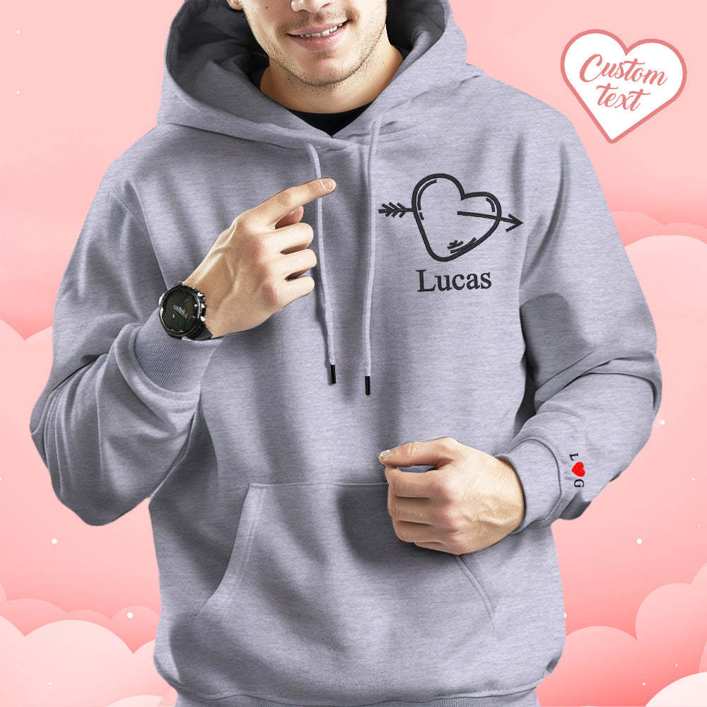 Custom Text Embroidered Hoodie Stylish Heart Key And Lock Set Sweatshirt Valentine Gift For Couples - MyFaceSocks