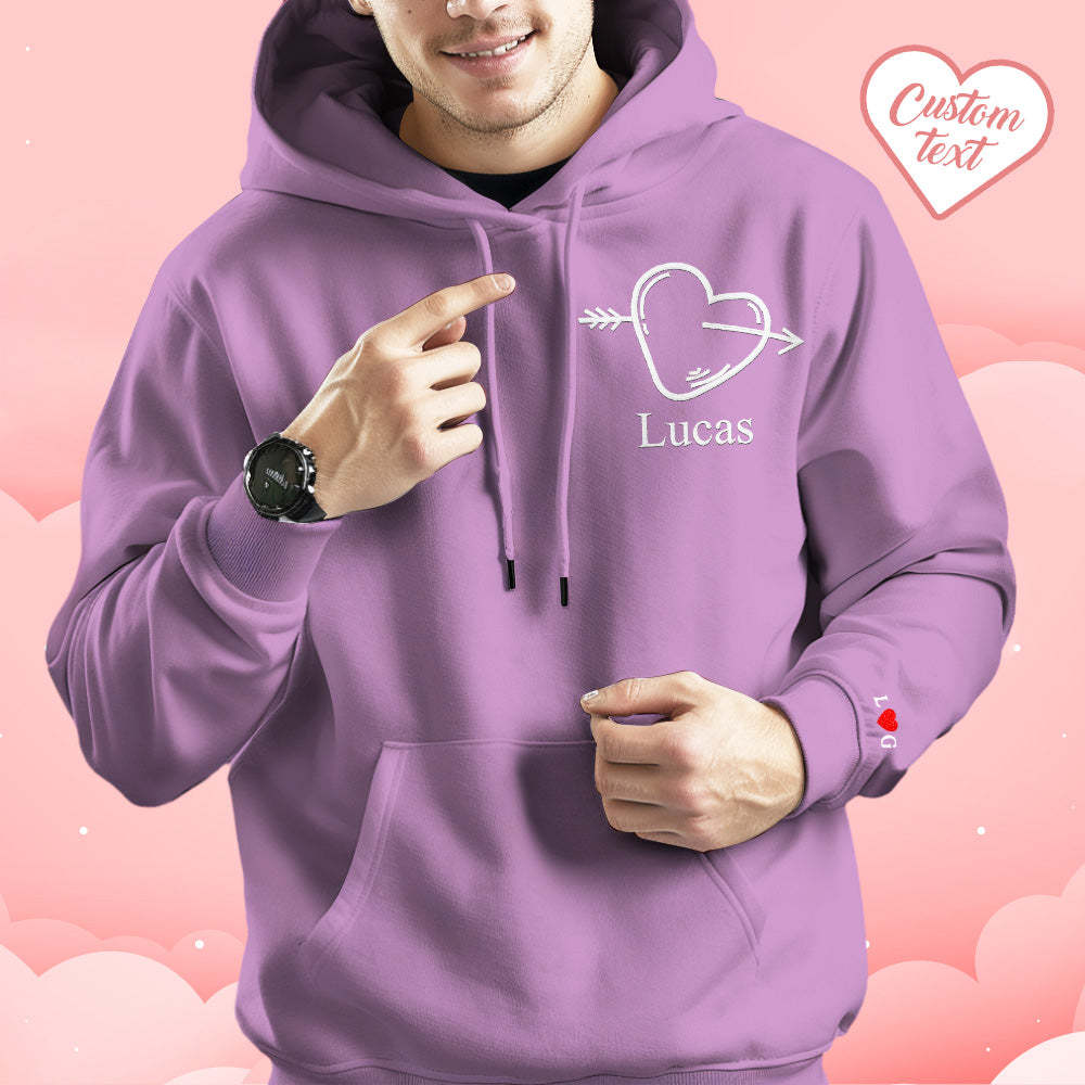 Custom Text Embroidered Hoodie Stylish Heart Key And Lock Set Sweatshirt Valentine Gift For Couples - MyFaceSocks