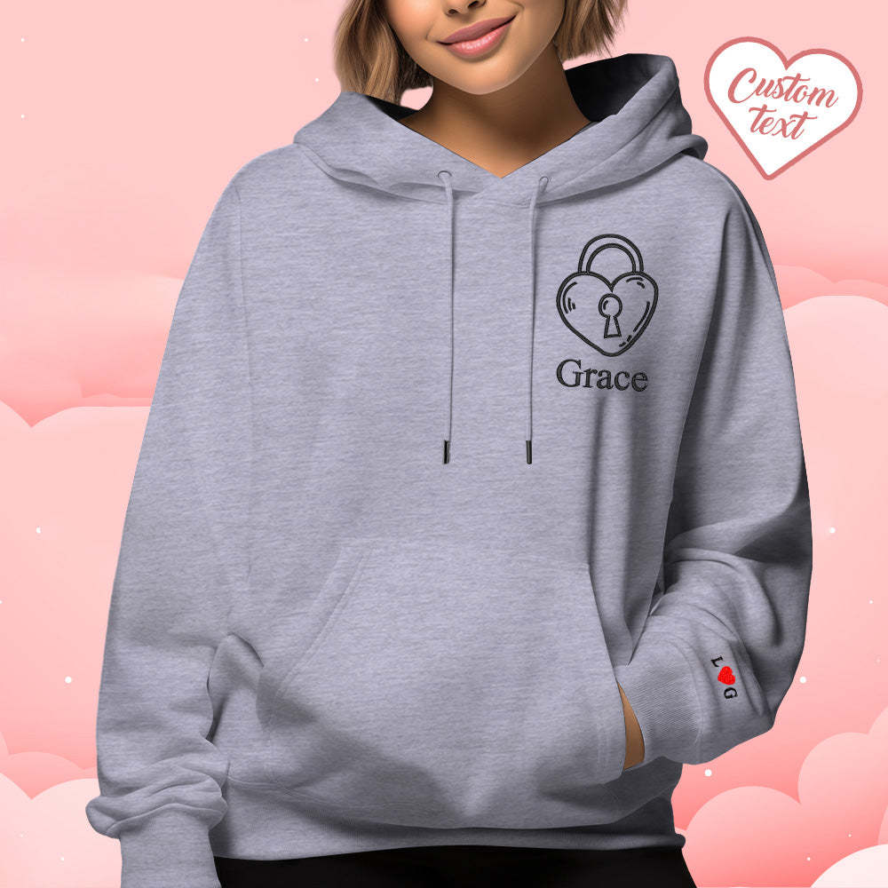 Custom Text Embroidered Hoodie Stylish Heart Key And Lock Set Sweatshirt Valentine Gift For Couples - MyFaceSocks
