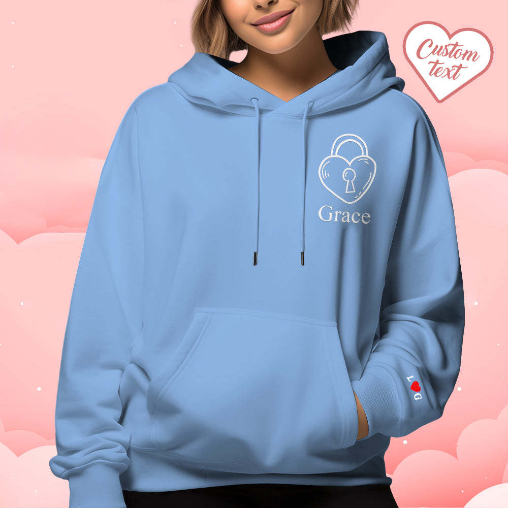 Custom Text Embroidered Hoodie Stylish Heart Key And Lock Set Sweatshirt Valentine Gift For Couples - MyFaceSocks