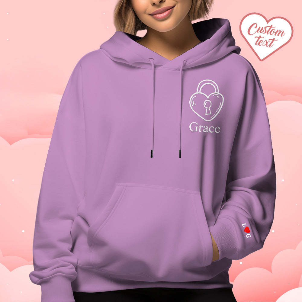 Custom Text Embroidered Hoodie Stylish Heart Key And Lock Set Sweatshirt Valentine Gift For Couples - MyFaceSocks