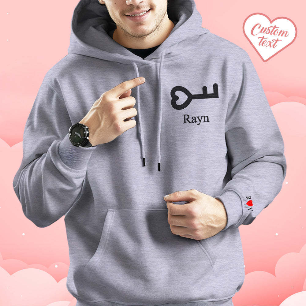 Personalized Text Embroidered Hoodie Sweet Heart Key And Lock Set Sweatshirt Valentine Gifts For Couples - MyFaceSocks