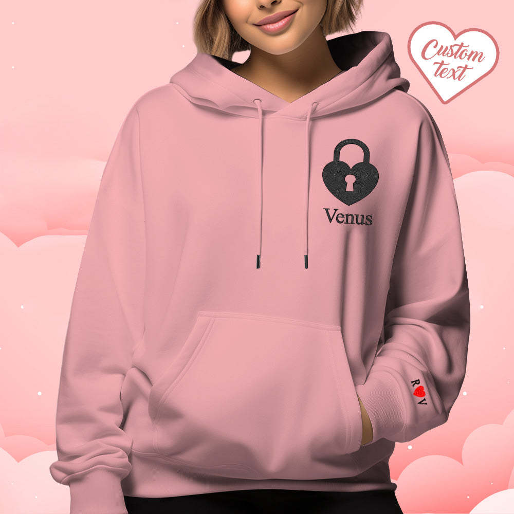 Personalized Text Embroidered Hoodie Sweet Heart Key And Lock Set Sweatshirt Valentine Gifts For Couples - MyFaceSocks