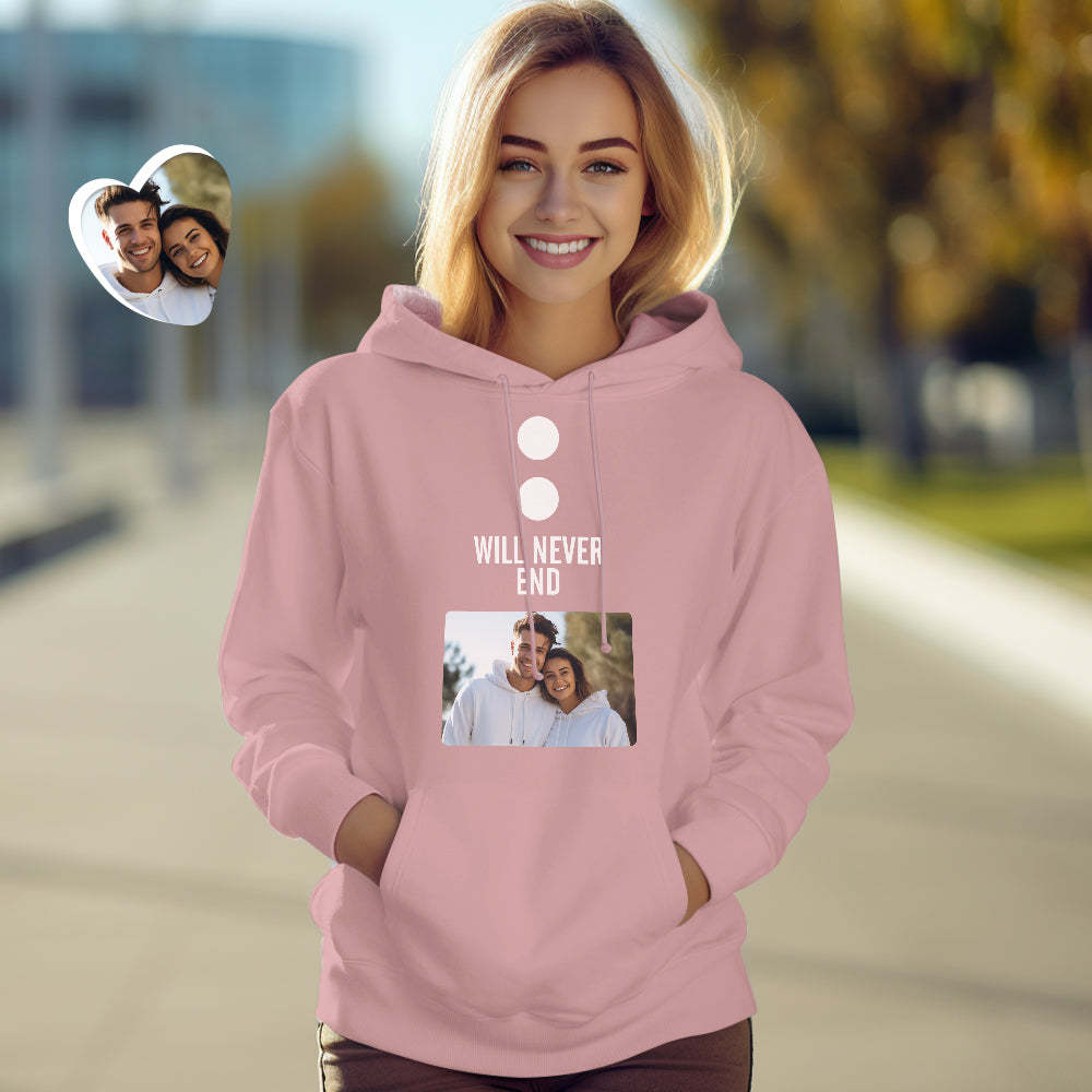 Custom Photo Funny Couple Matching Hoodies Our Stories Will Never End Personalized Hoodie Valentine's Day Gift - MyFaceSocks