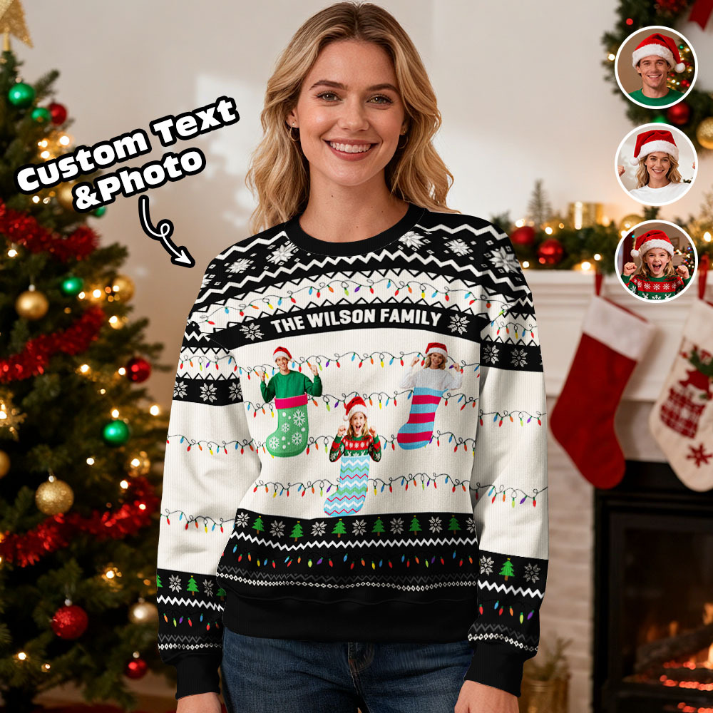 Custom Face Round Neck Hoodie Personalized Custom Photo Christmas Gifts For Family Ugly Sweater Xmas Leds Unisex Hoodies