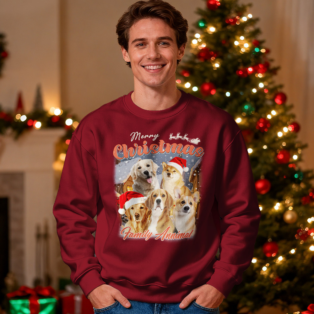 Custom Face Round Neck Hoodie Custom Your Pet Retro Vintage Portrait Christmas Sweatshirt