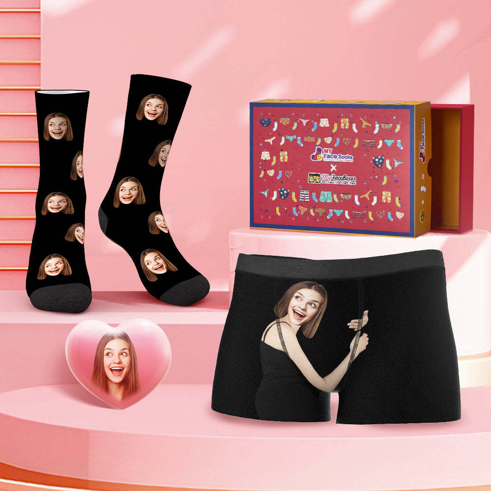 Custom Face Boxer Shorts And Socks Set Love Hug Valentine's Day Gift Co-Branding Set