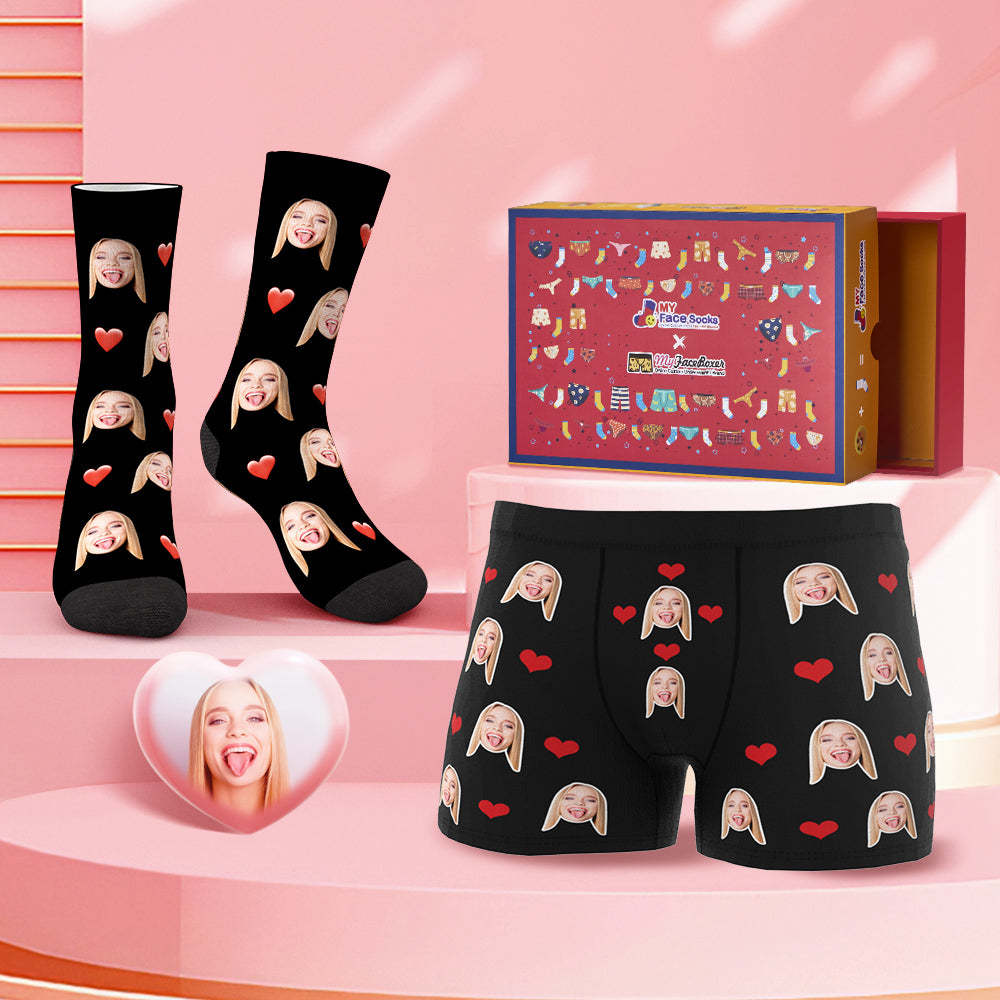Custom Face Boxer Shorts And Socks Red Love Heart Valentine's Day Gift Co-Branding Set