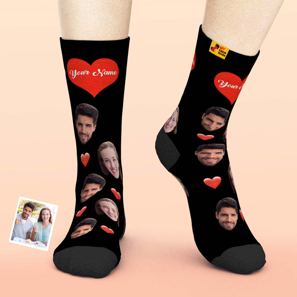 Valentine's Day Gifts,3D Preview Custom Face Socks Add Pictures and Name - Heart