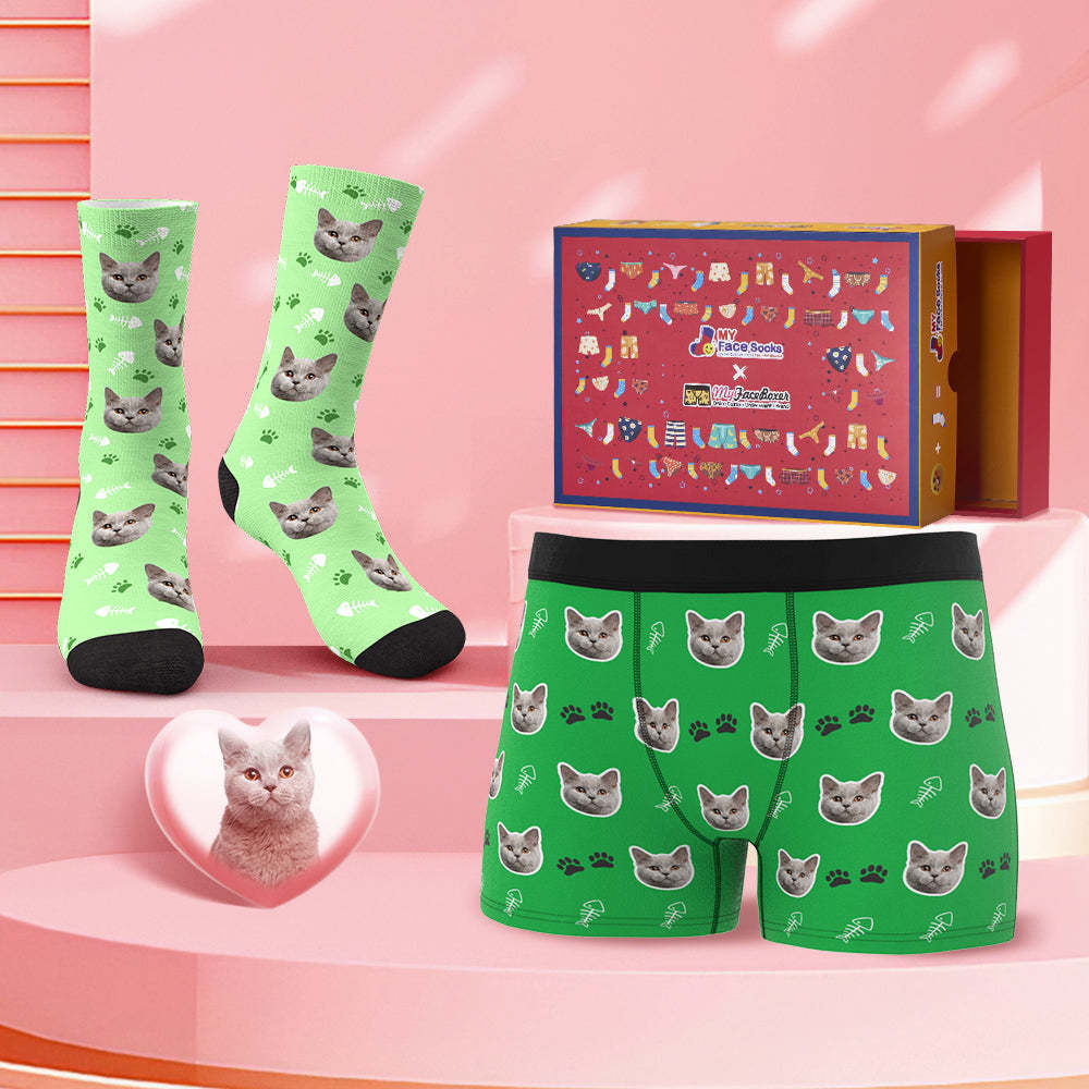 Custom Face Boxer Shorts And Socks Set Cute Cat Co-Branding Set