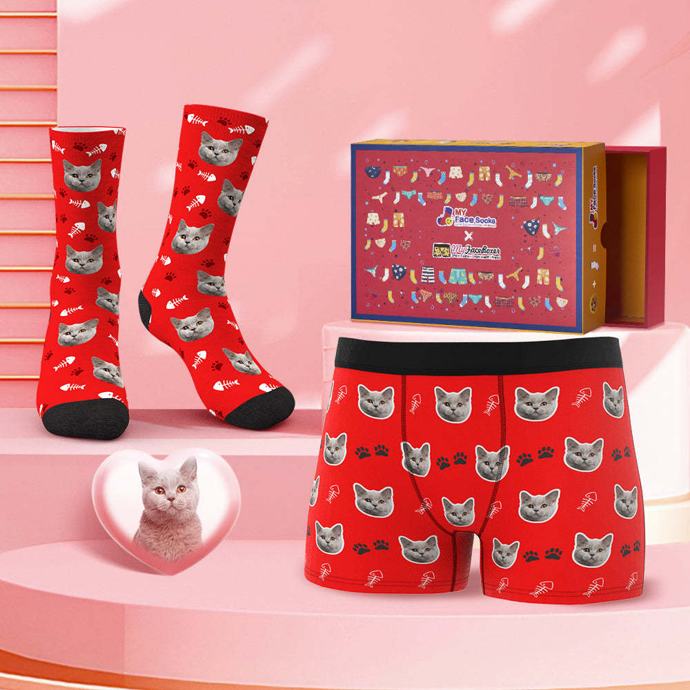Custom Face Boxer Shorts And Socks Set Cute Cat Co-Branding Set