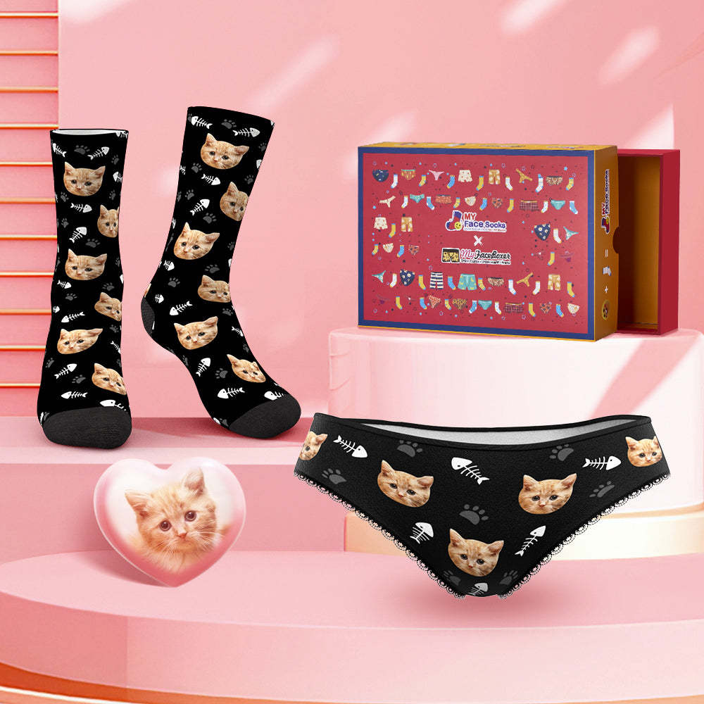 Custom Face Panties And Socks Set For Her Fish Bones and Cat Paw Prints Co-Branding Set