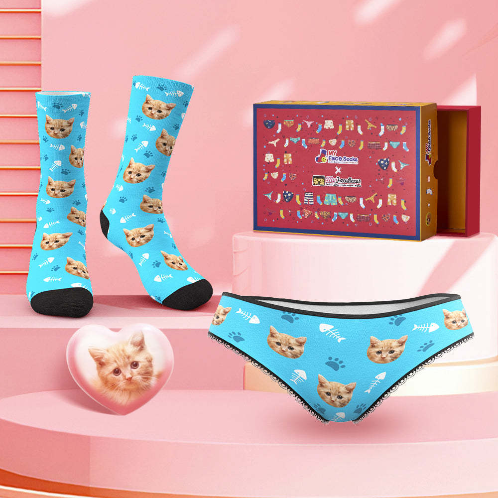 Custom Face Panties And Socks Set For Her Fish Bones and Cat Paw Prints Co-Branding Set