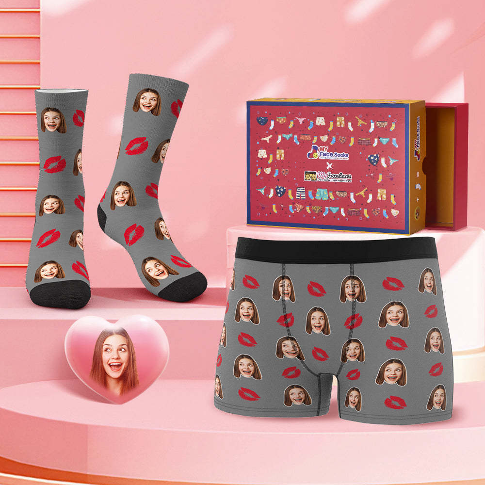 Custom Face Boxer Shorts And Socks Set Love Kiss Valentine's Day Gift Co-Branding Set