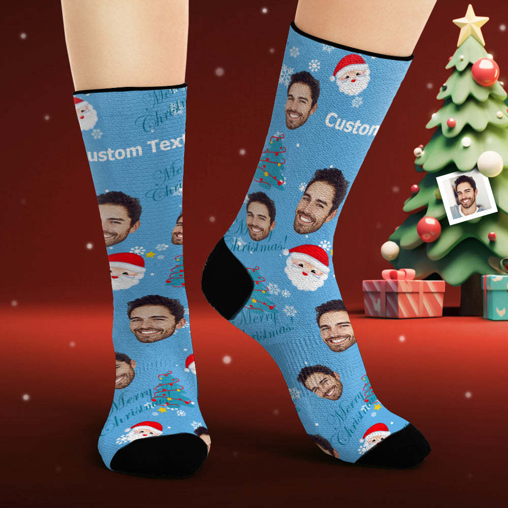 Custom Face Socks Personalized Photo Blue Socks Santa Claus and Elk - MyFaceSocks