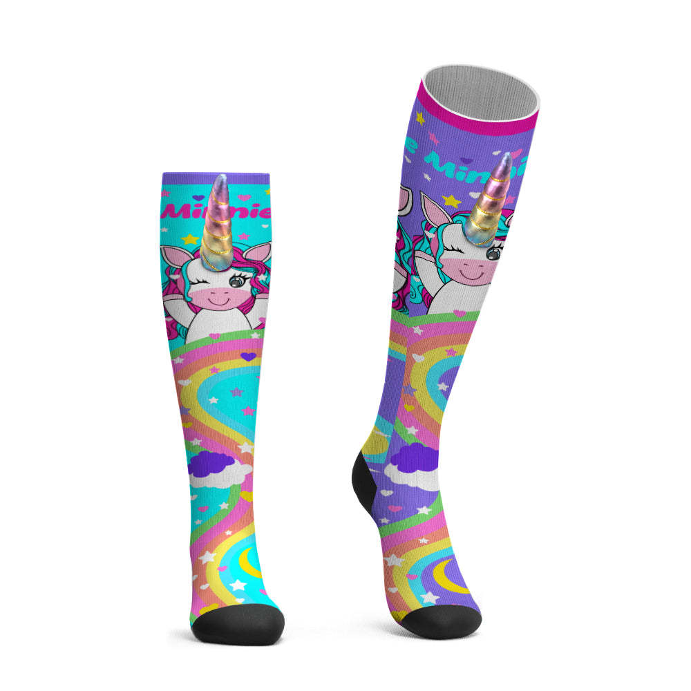 Custom Name Socks Knee High Socks 3D Unicorn Horn Cartoon Socks - MyFaceSocks