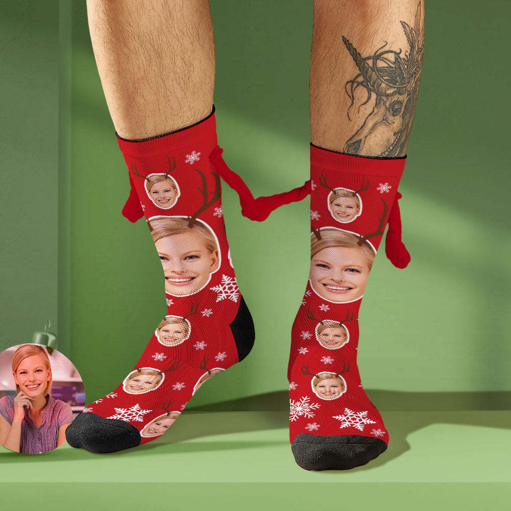 Custom Face Socks Funny Doll Mid Tube Socks Magnetic Holding Hands Socks Cute Elk - MyFaceSocks