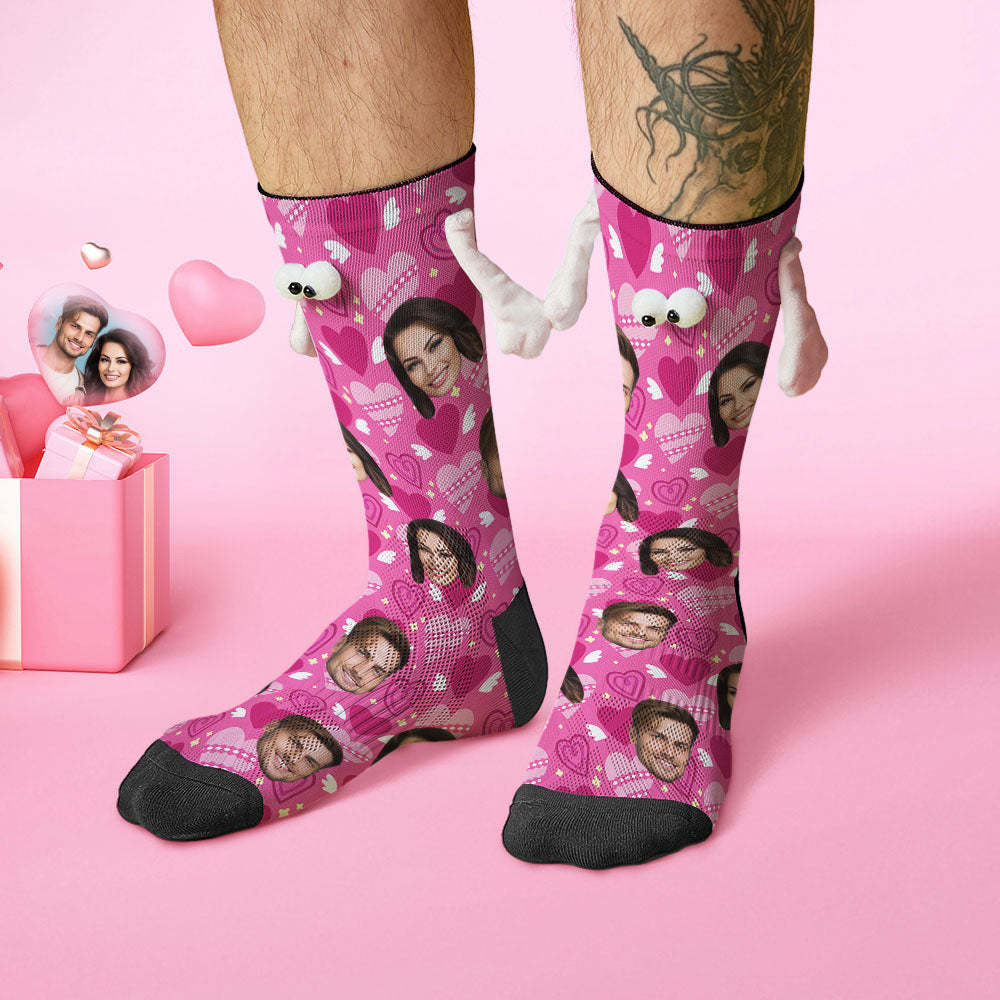Custom Face Socks Funny Doll Mid Tube Socks Magnetic Holding Hands Socks Pink Heart Valentine's Day Gifts - MyFaceSocks