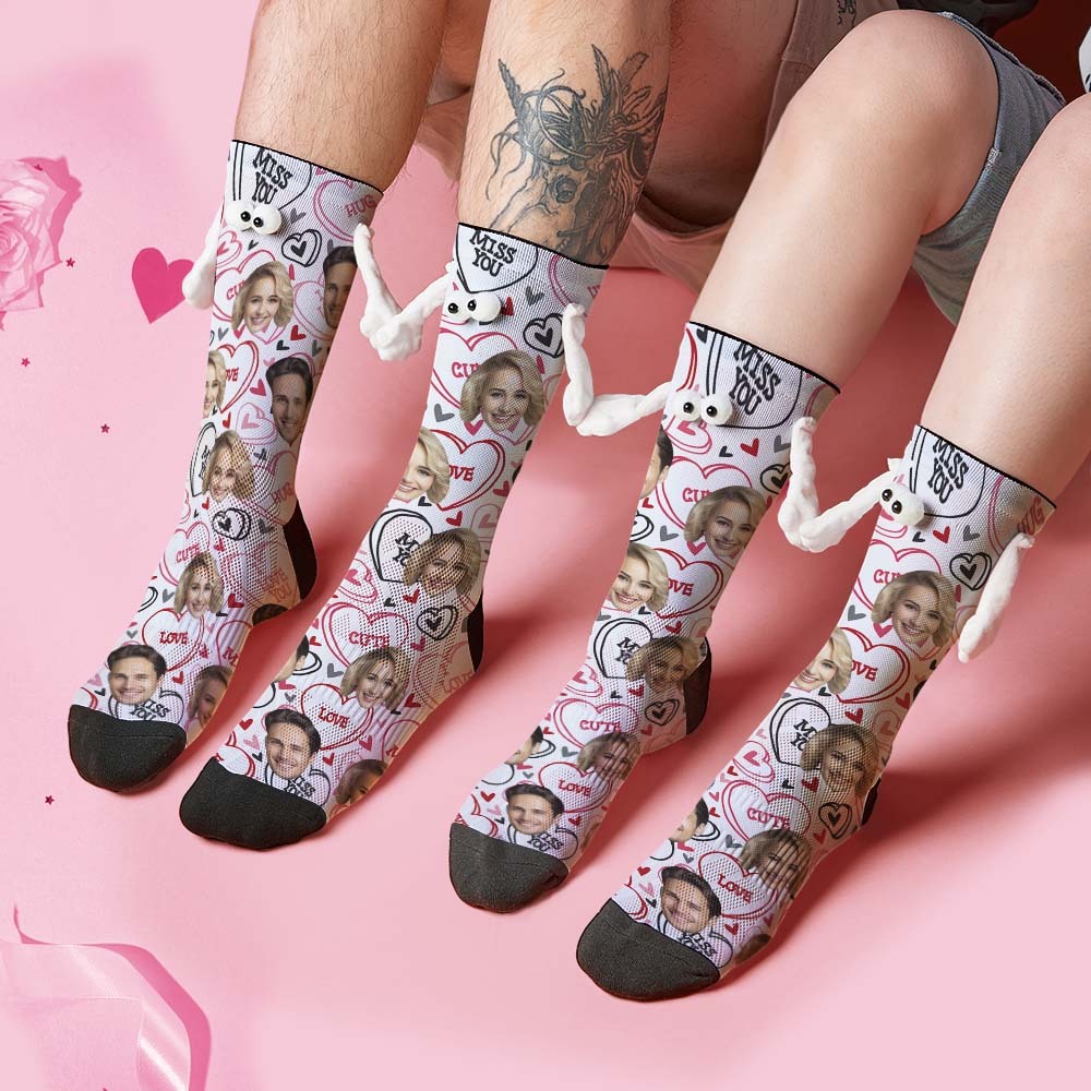 Custom Face Socks Funny Doll Mid Tube Socks Magnetic Holding Hands Socks Miss You Valentine's Day Gifts - MyFaceSocks