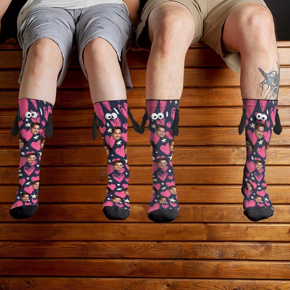 Custom Face Socks Funny Doll Mid Tube Socks Magnetic Holding Hands Socks Happy Valentine's Day - MyFaceSocks