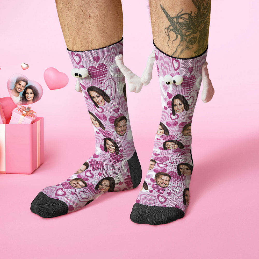 Custom Face Socks Funny Doll Mid Tube Socks Magnetic Holding Hands Socks Purple Heart Valentine's Day Gifts - MyFaceSocks