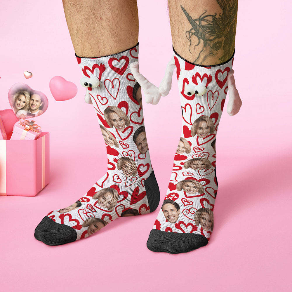 Custom Face Socks Funny Doll Mid Tube Socks Magnetic Holding Hands Socks Red Heart Valentine's Day Gifts - MyFaceSocks