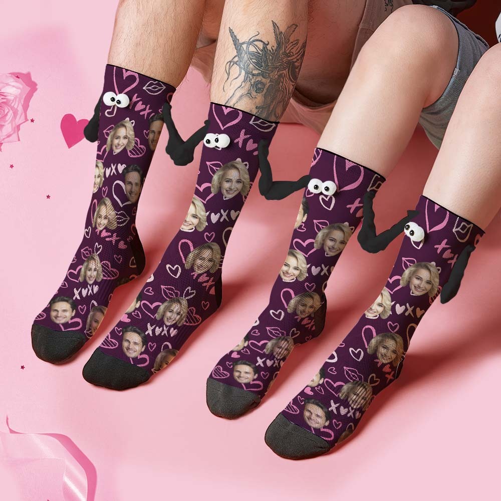Custom Face Socks Funny Doll Mid Tube Socks Magnetic Holding Hands Socks XOXO Valentine's Day Gifts - MyFaceSocks