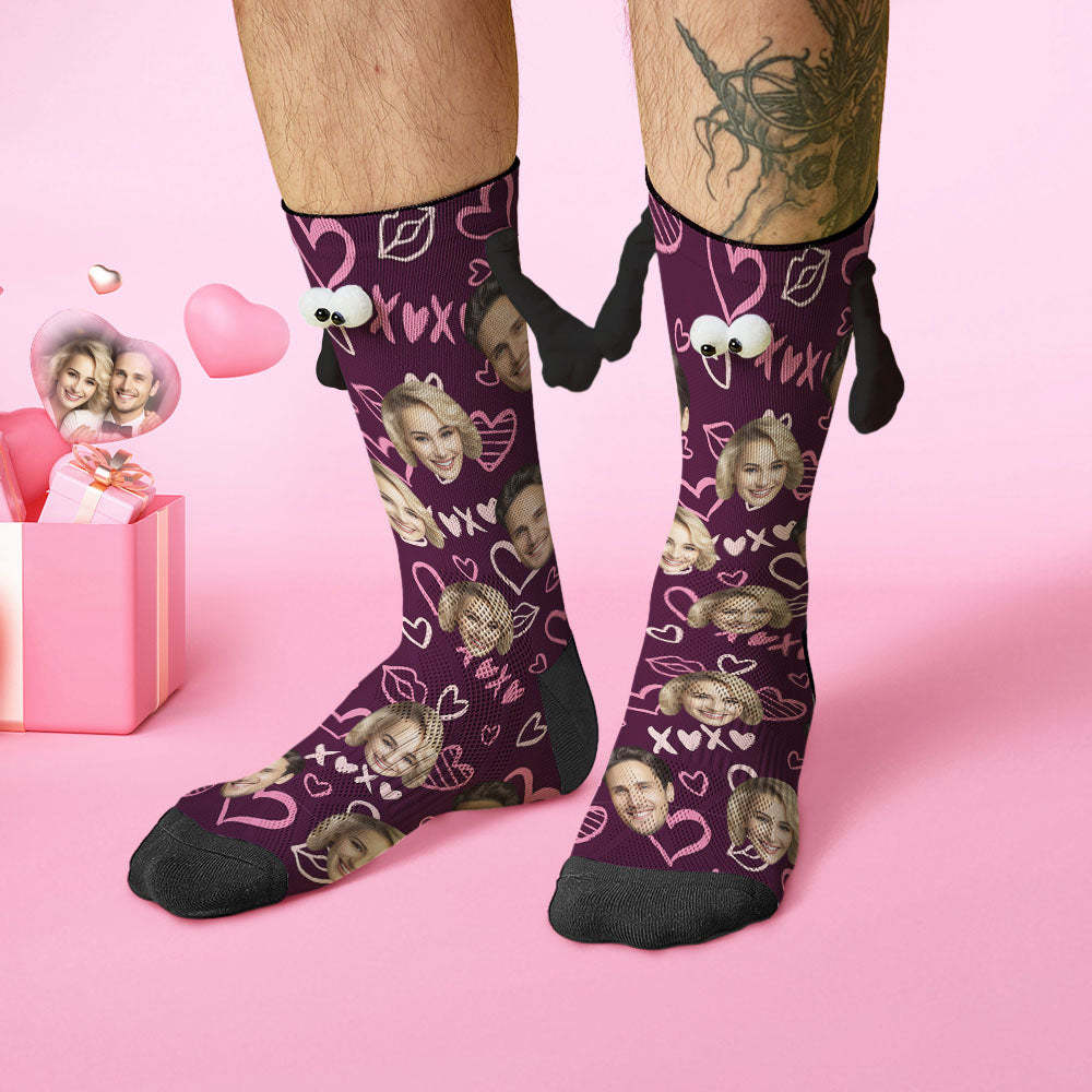 Custom Face Socks Funny Doll Mid Tube Socks Magnetic Holding Hands Socks XOXO Valentine's Day Gifts - MyFaceSocks