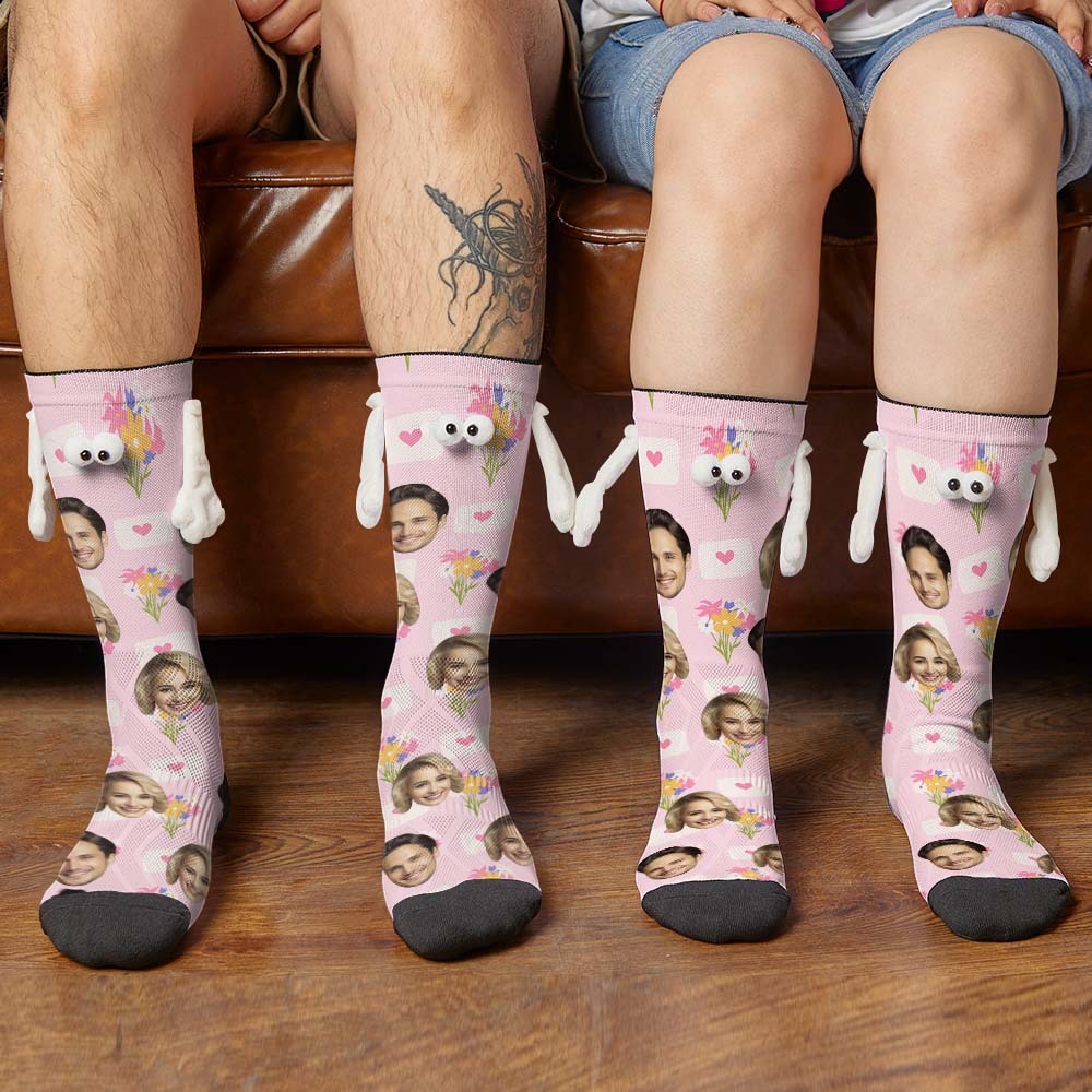 Custom Face Socks Funny Doll Mid Tube Socks Magnetic Holding Hands Socks Flower Valentine's Day Gifts - MyFaceSocks