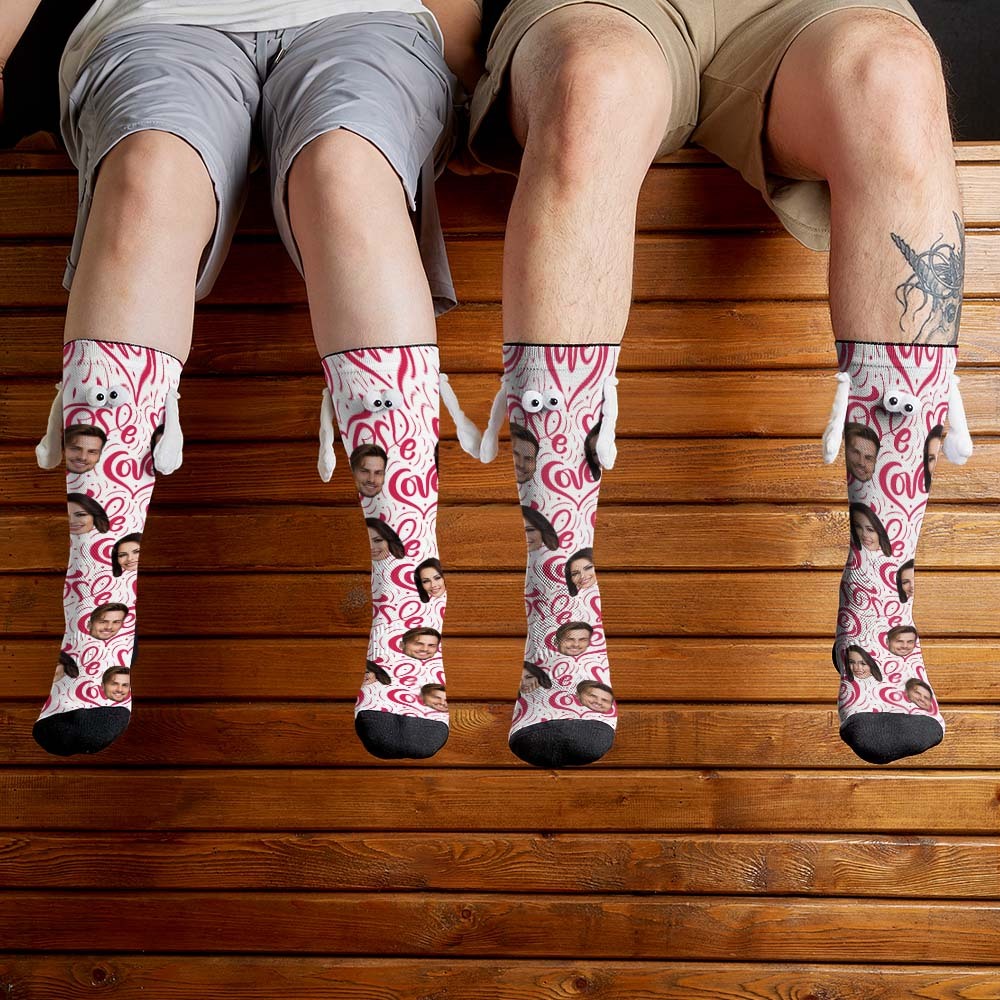 Custom Face Socks Funny Doll Mid Tube Socks Magnetic Holding Hands Socks Love Heart Valentine's Day Gifts - MyFaceSocks