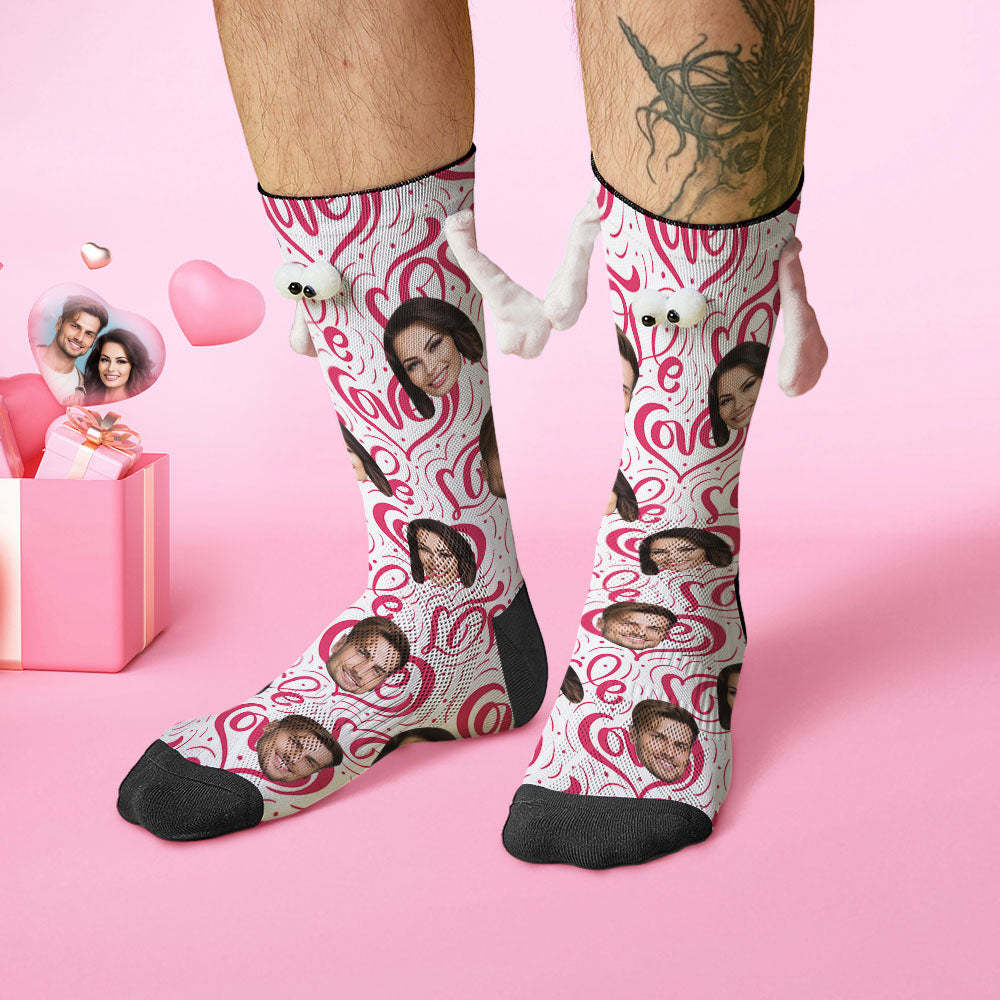 Custom Face Socks Funny Doll Mid Tube Socks Magnetic Holding Hands Socks Love Heart Valentine's Day Gifts - MyFaceSocks