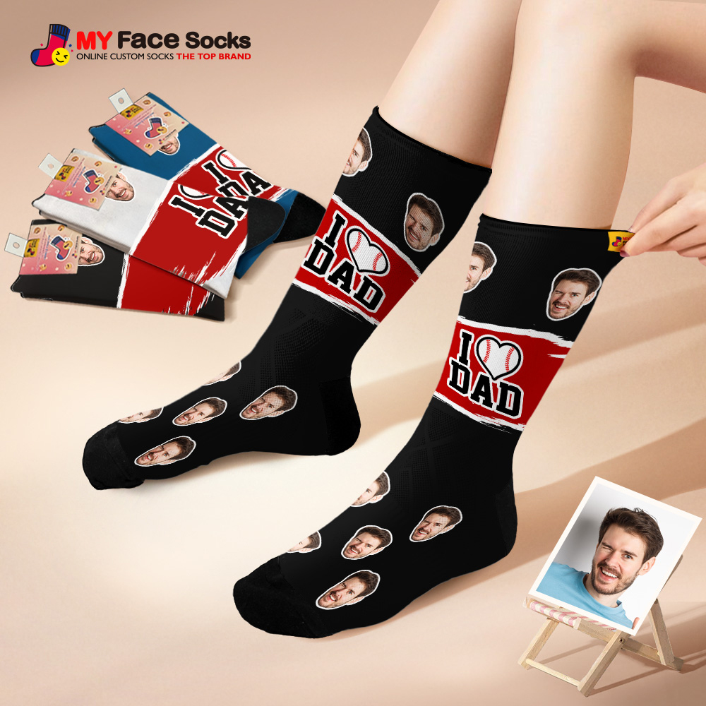 Custom Face Socks I Love Dad Breathable Add Pictures Colorful Photo Socks Gifts
