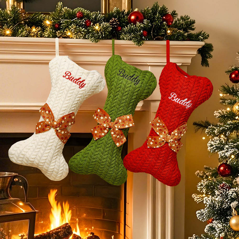 Personalized Dog Bone Christmas Stockings with Name Gift for Puppy Lovers - MyFaceSocks