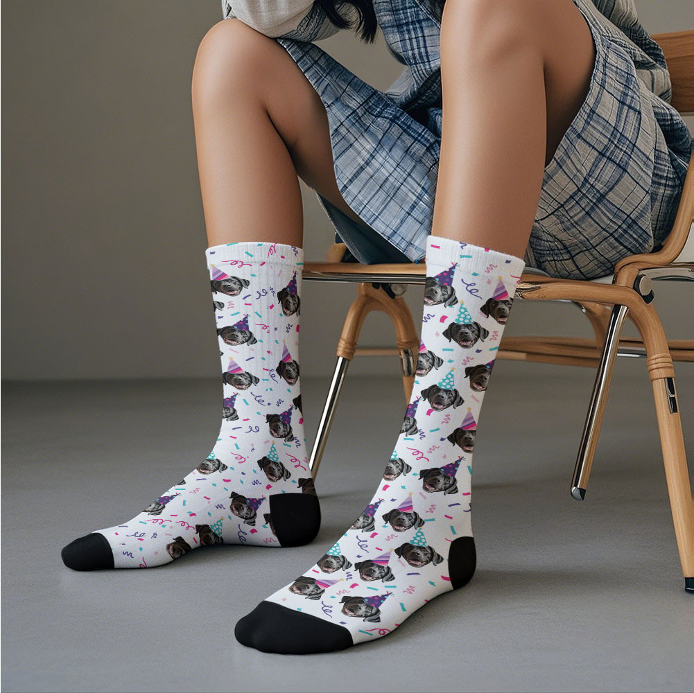 Custom Full Face Photo Printed Socks Happy Birthday Hat Socks Personalized Custom Designs Best Gift Idea