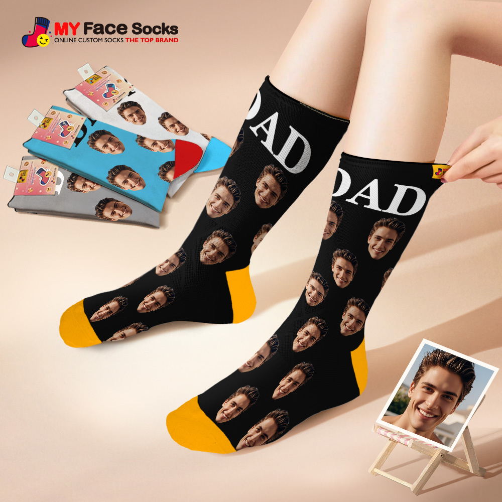 Custom Full Face Photo Print Socks, Colorful Crown Dad Socks Personalized Custom Design Best Gift For Dad - MyFaceSocks