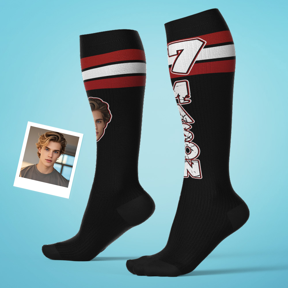 Custom Athletic Blue Knee High Socks Personalized Compression Socks Face and Text Knee High Socks - MyFaceSocks