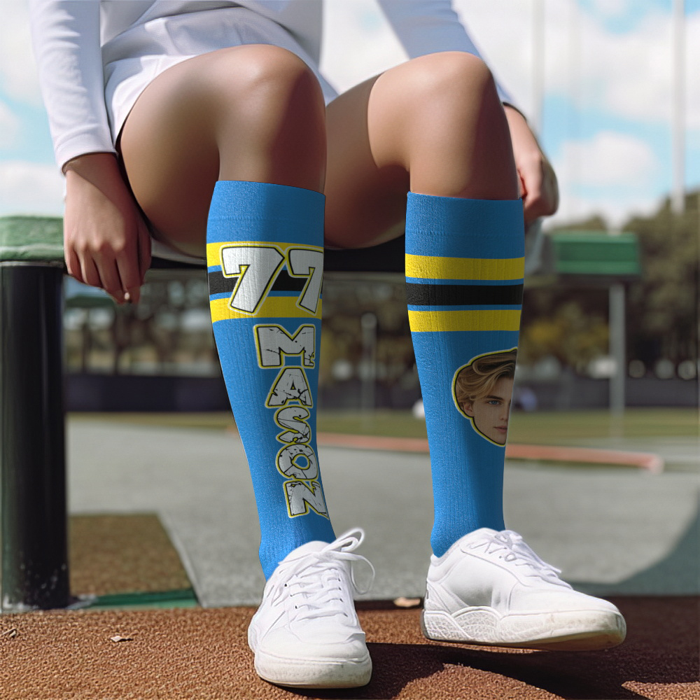 Custom Athletic Blue Knee High Socks Personalized Compression Socks Face and Text Knee High Socks - MyFaceSocks