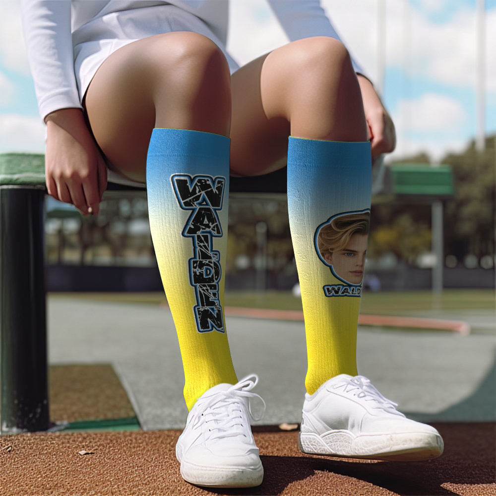Custom Athletic Knee High Socks Gradient Blue And Black Gradient High Socks Personalized Compression Socks Face and Text Knee High Socks - MyFaceSocks