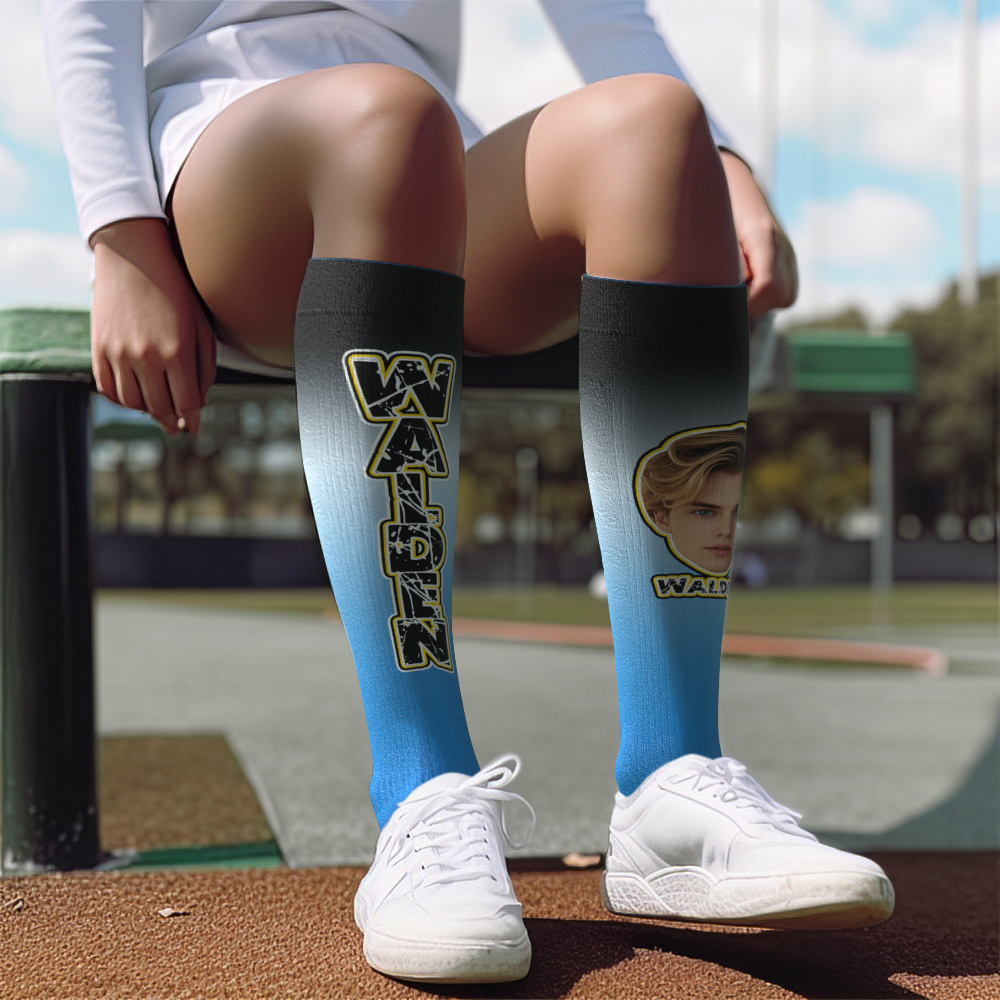 Custom Athletic Knee High Socks Gradient Blue And Black Gradient High Socks Personalized Compression Socks Face and Text Knee High Socks - MyFaceSocks