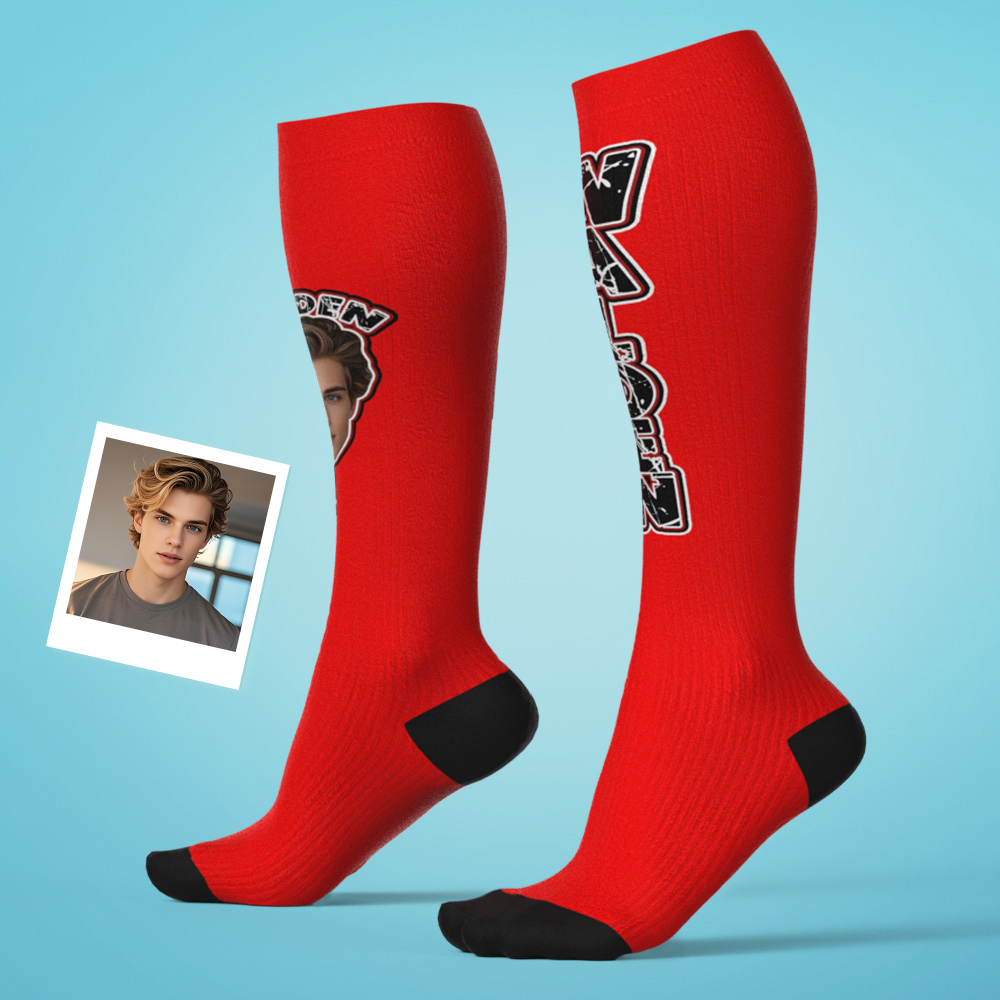 Custom Athletic Knee High Socks Blue High Socks Personalized Compression Socks Face and Text Knee High Socks - MyFaceSocks