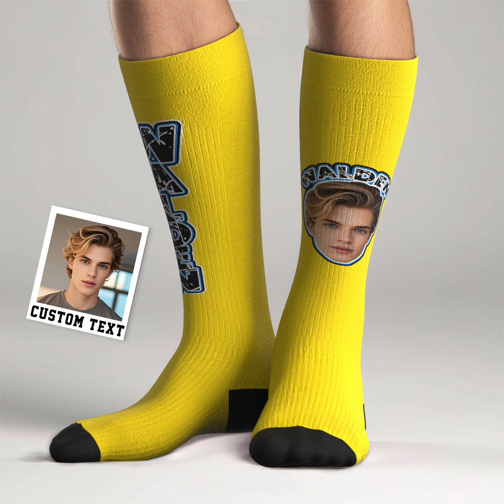 Custom Athletic Knee High Socks Blue High Socks Personalized Compression Socks Face and Text Knee High Socks - MyFaceSocks