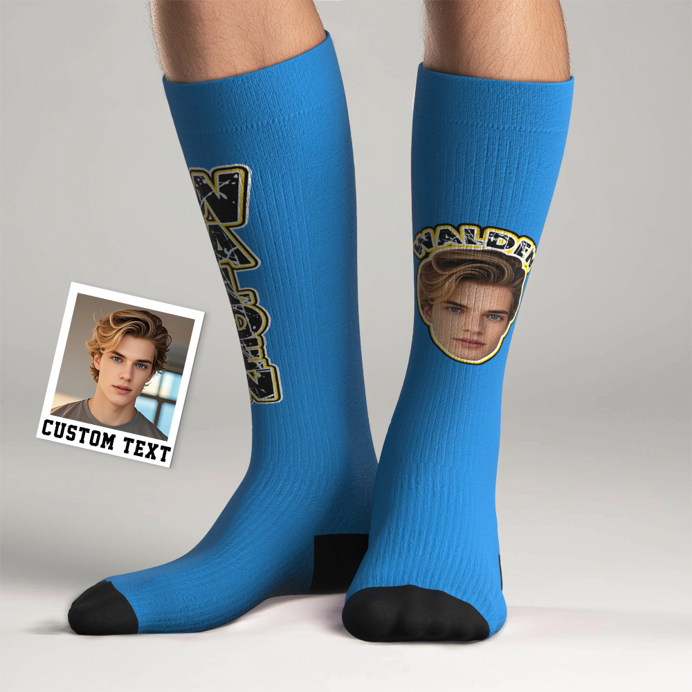 Custom Athletic Knee High Socks Blue High Socks Personalized Compression Socks Face and Text Knee High Socks - MyFaceSocks