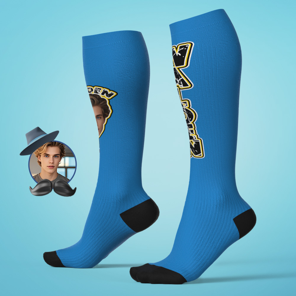 Custom Athletic Knee High Socks Blue High Socks Personalized Compression Socks Face and Text Knee High Socks - MyFaceSocks