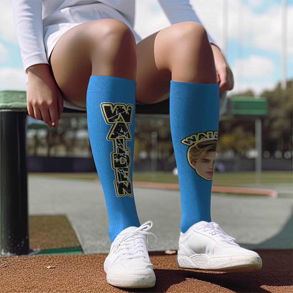 Custom Athletic Knee High Socks Blue High Socks Personalized Compression Socks Face and Text Knee High Socks - MyFaceSocks