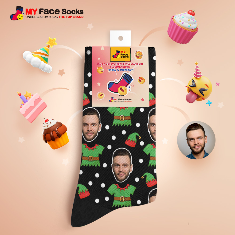 Custom Elf Face Socks Personalized Christmas Photo Socks Funny Holiday Gift for Family & Friends