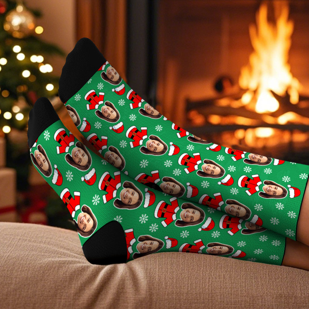 Custom Elf Face Socks Personalized Christmas Photo Socks Funny Holiday Gift for Family & Friends
